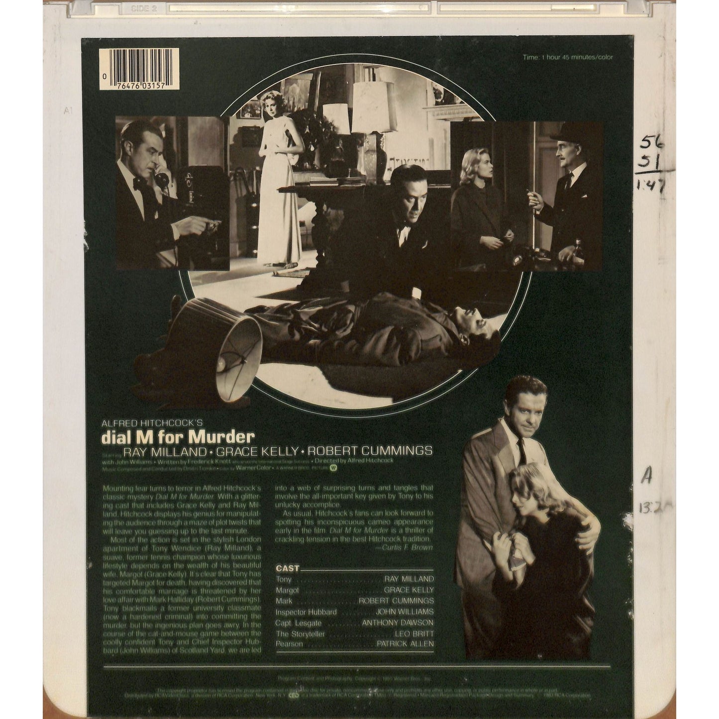 Alfred Hitchcock's Dial M for Murder (1954) CED RCA SelectaVision TESTED WORKING
