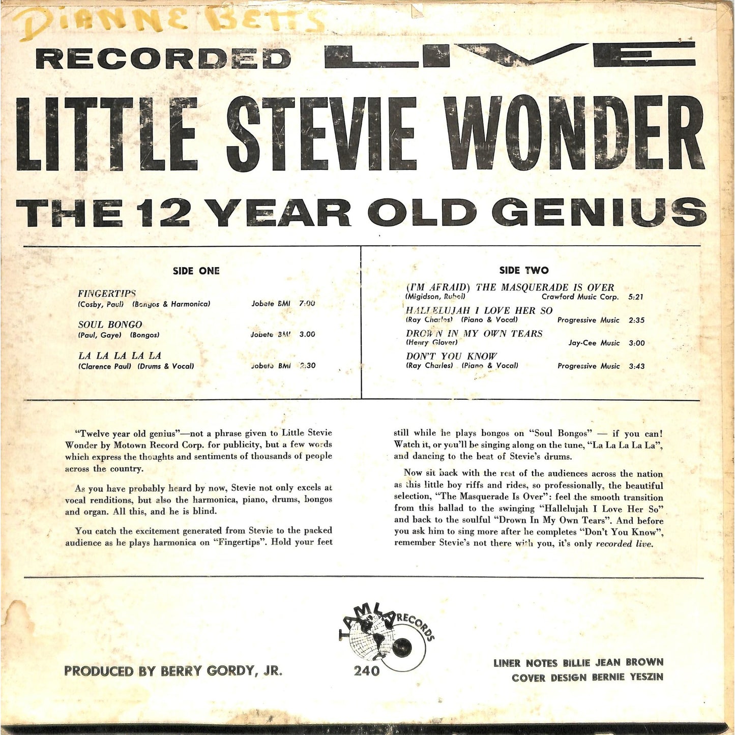 Little Stevie Wonder-12 Year Old Genius(1963 Rockaway Press) Vinyl Record TM 240