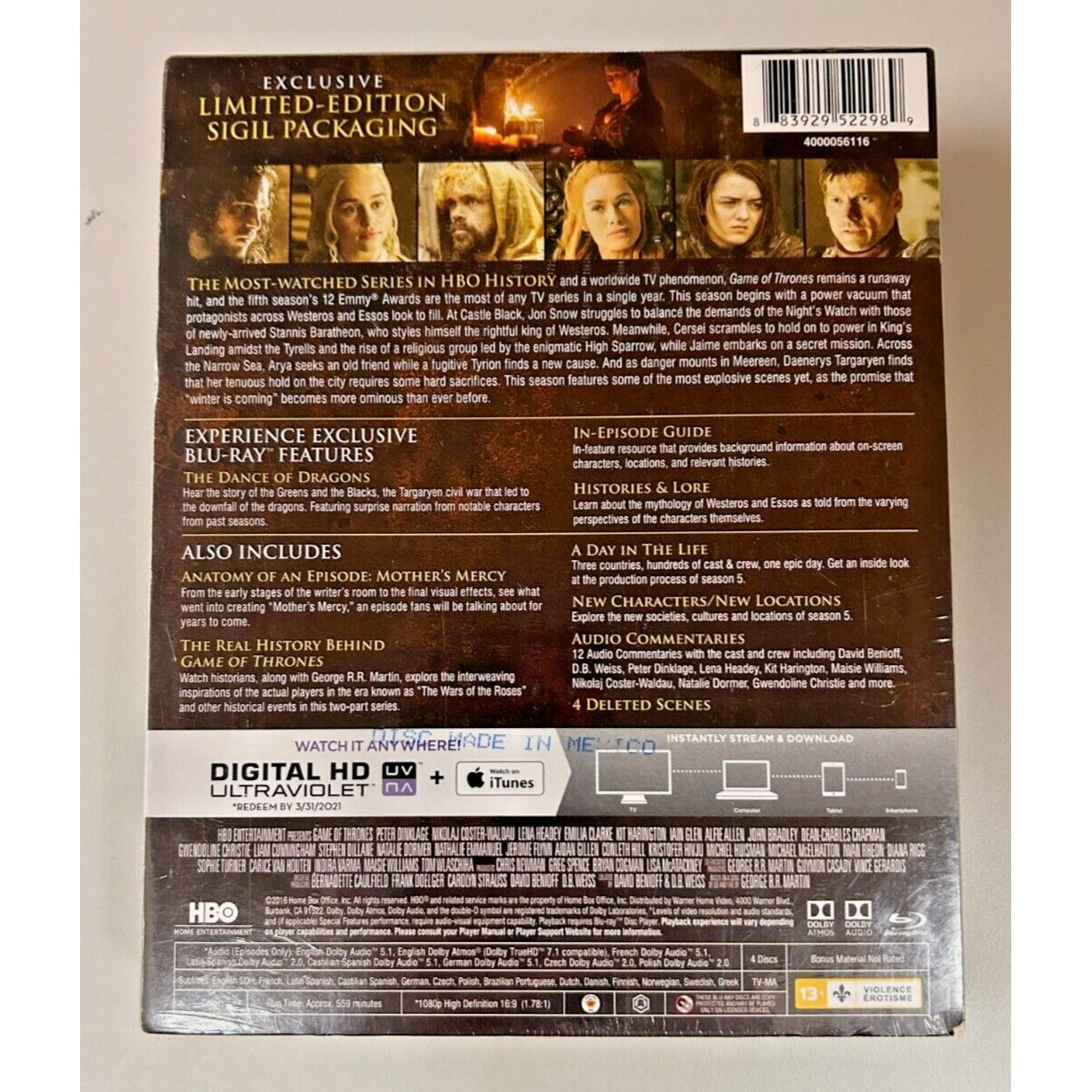 Game of Thrones Complete Fifth Season Martell Cover Blu Ray Digital HD