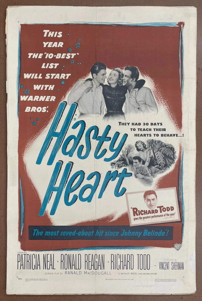 Hasty Heart 1949 Original US Folded Patricia Neal Ronald Reagan Drama Poster