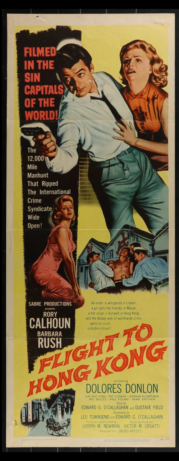 Flight to Hong Kong (1956) Original Insert Movie Poster Folded 14x36