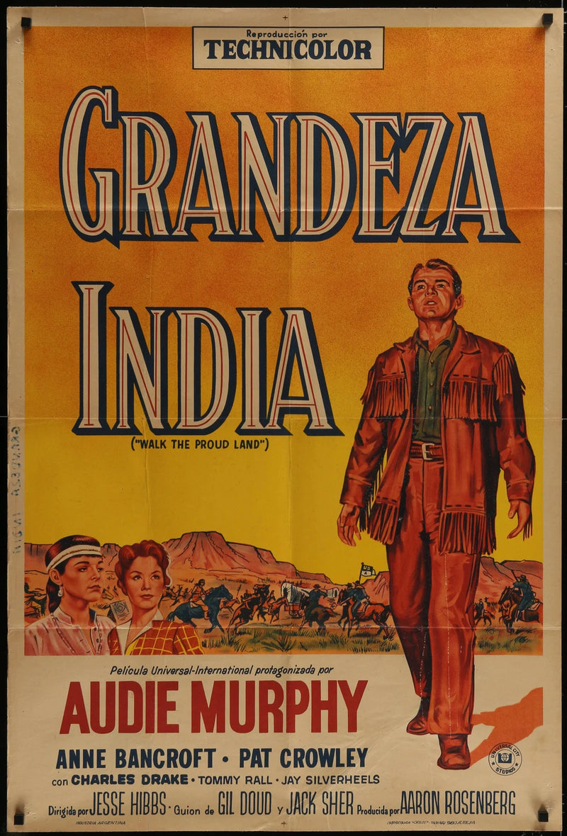 Walk the Proud Land (1956) Argentine Movie Poster Folded 29x43 Audie Murphy