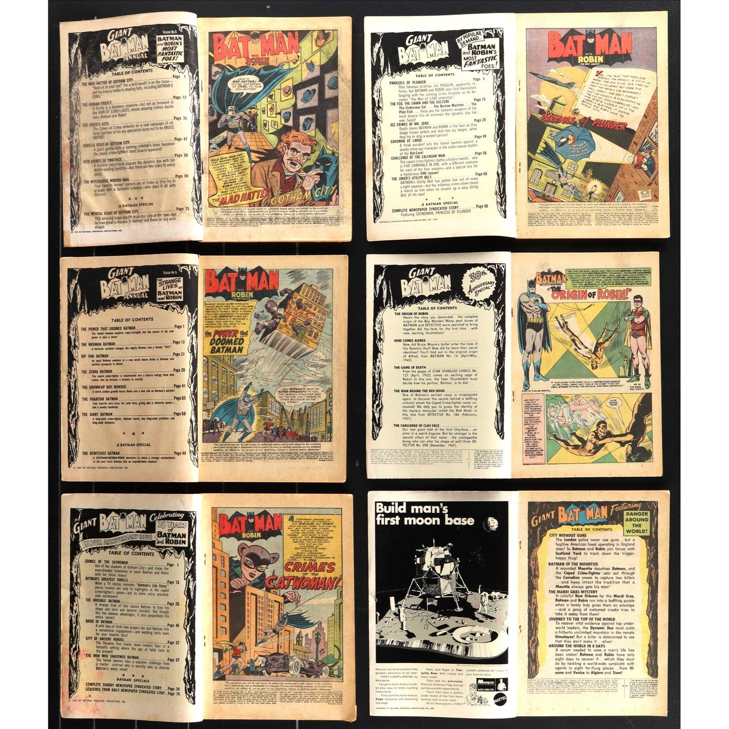 LOT OF 6 BATMAN ANNUAL COMIC BOOKS 1960s-1970s giant Batman & Robin issues