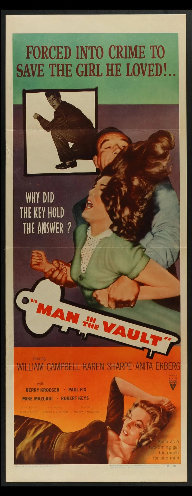 Man in the Vault (1956) Original Insert Movie Poster Folded 14x36