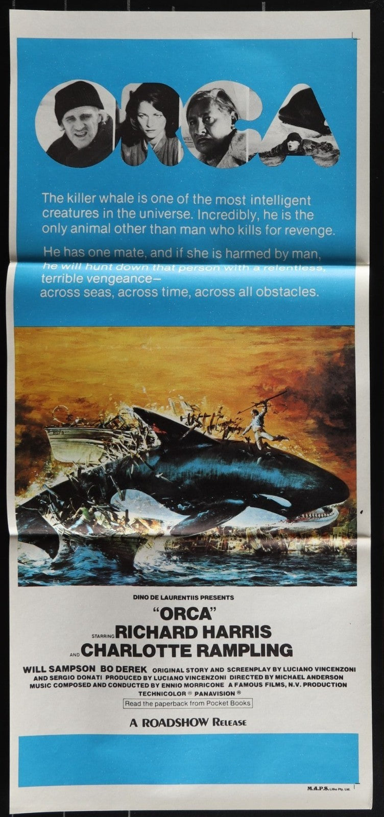 Orca (1977) Original Australian Daybill Movie Poster Folded 13x30