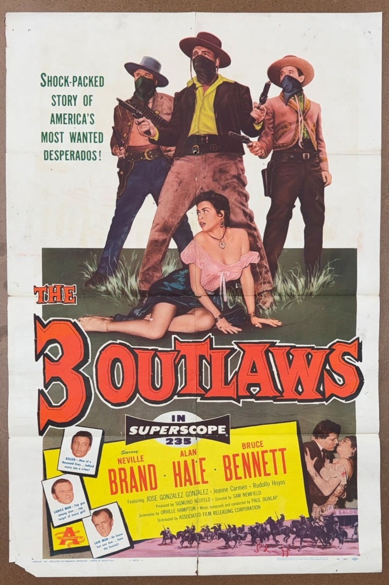 The 3 Outlaws (1956) Original Western Movie Poster Folded 27x41