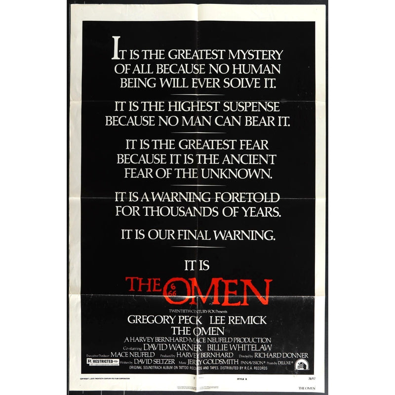 The Omen (1976) Original Movie Poster Folded 27x41 Gregory Peck EM4-149