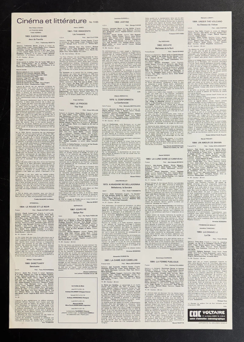 Cinéma & Littérature (1985) CAC Voltaire Poster 15.75x22.75