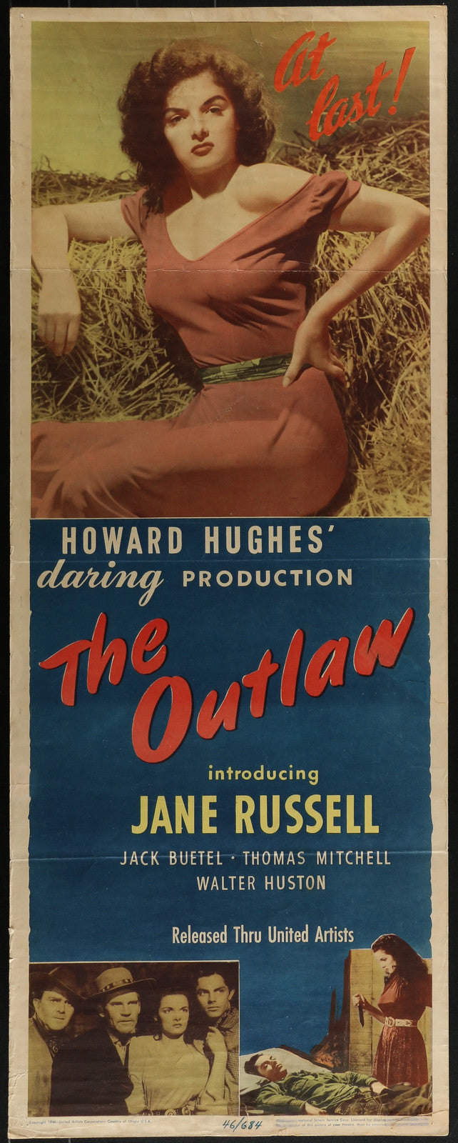 The Outlaw (1946) Original Movie Poster Insert 14x36 Jane Russell Howard Hughes