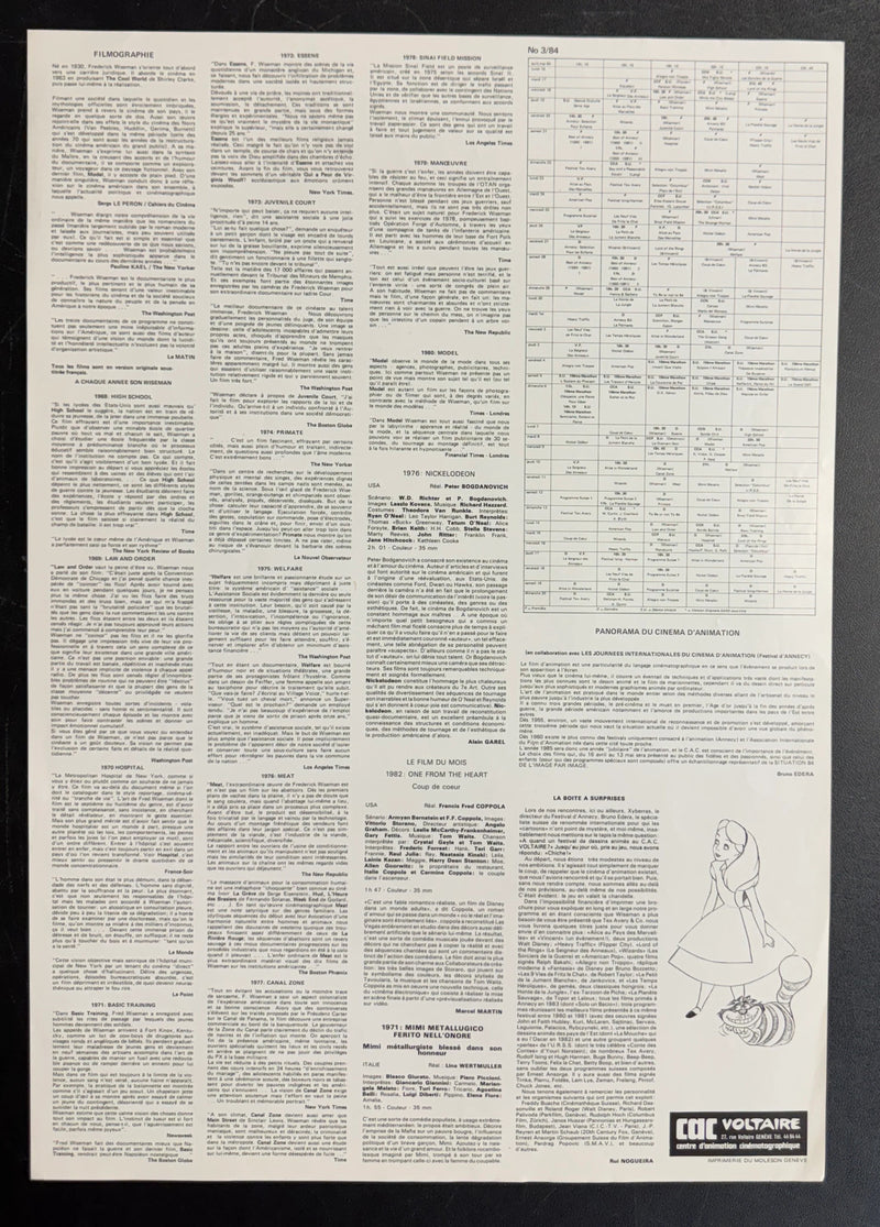 Frederick Wiseman Cinéma d’Animation (1984) CAC Voltaire French Poster 16x23