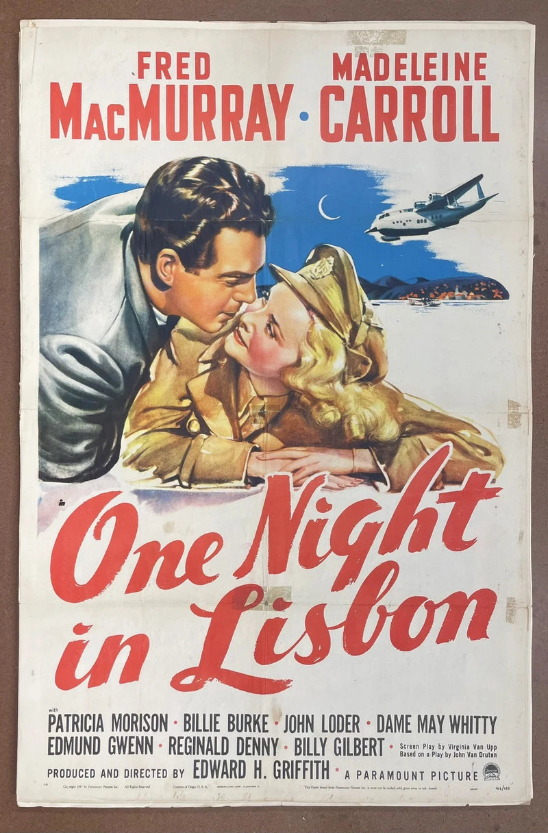 One Night in Lisbon 1941 Original Folded Fred MacMurray Madeleine Carroll Poster
