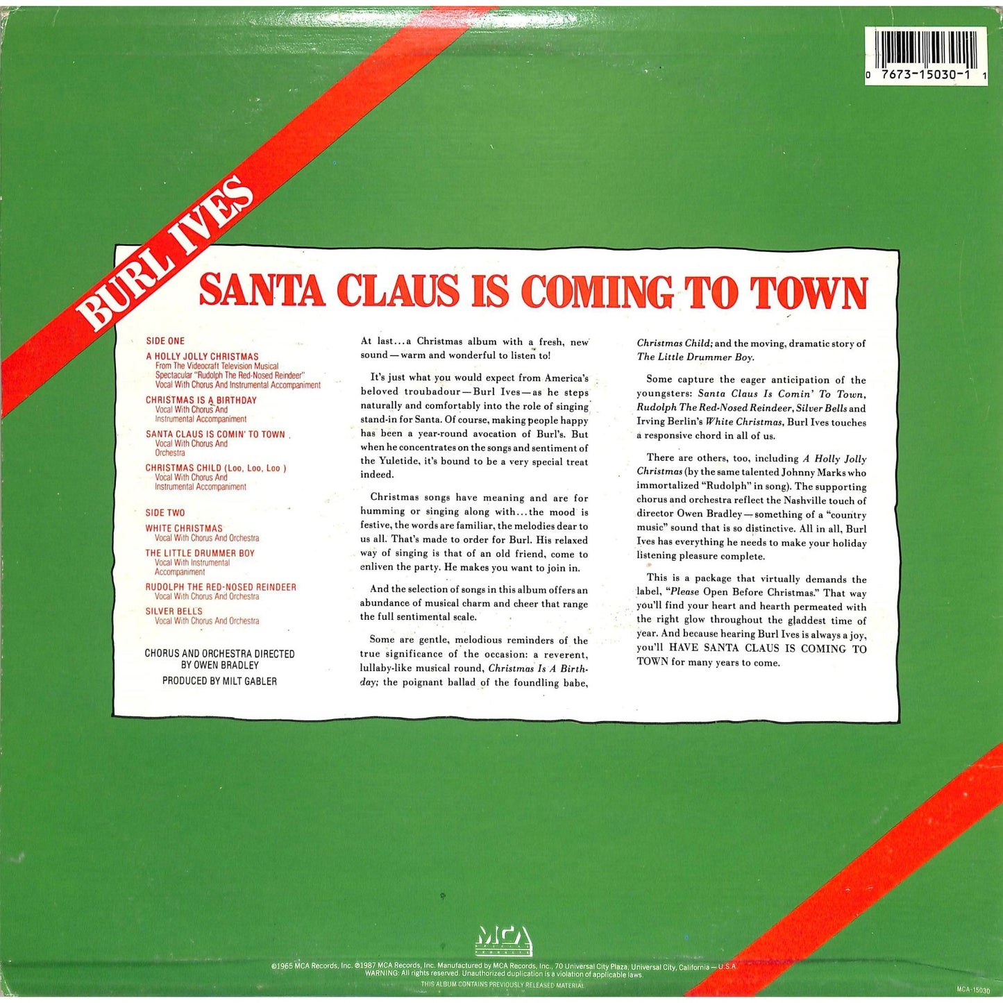 Burl Ives - Santa Claus is Coming to Town (1987) Vinyl Record MCA-15030