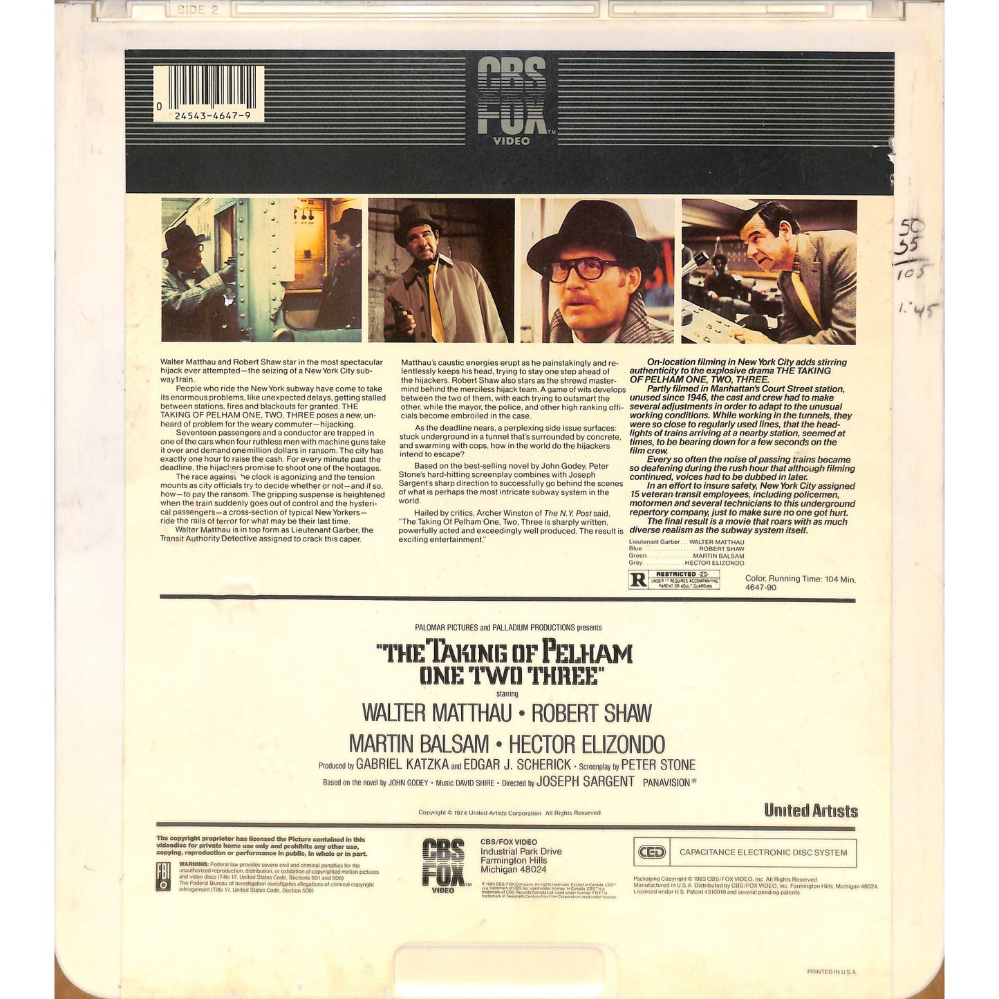 The Taking of Pelham One Two Three (1974 ) CED RCA SelectaVision TESTED WORKING