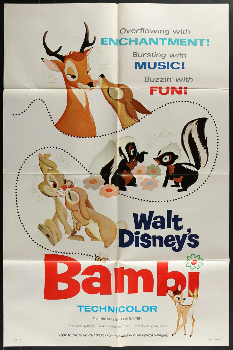 Bambi 1975 Original Movie Poster USA One Sheet 27x41 Walt Disney Re-Release Fold