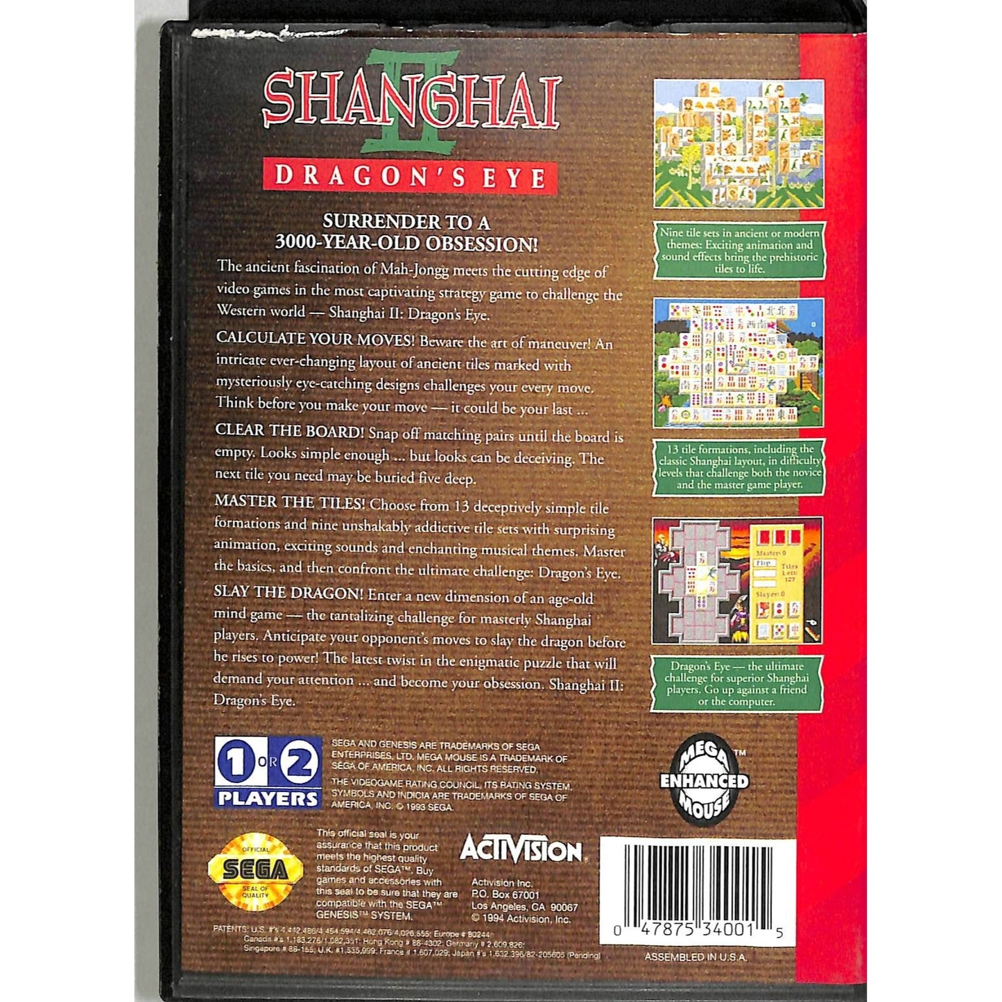 Shanghai II: Dragon's Eye (1993) Sega Genesis Cartridge Complete in Box
