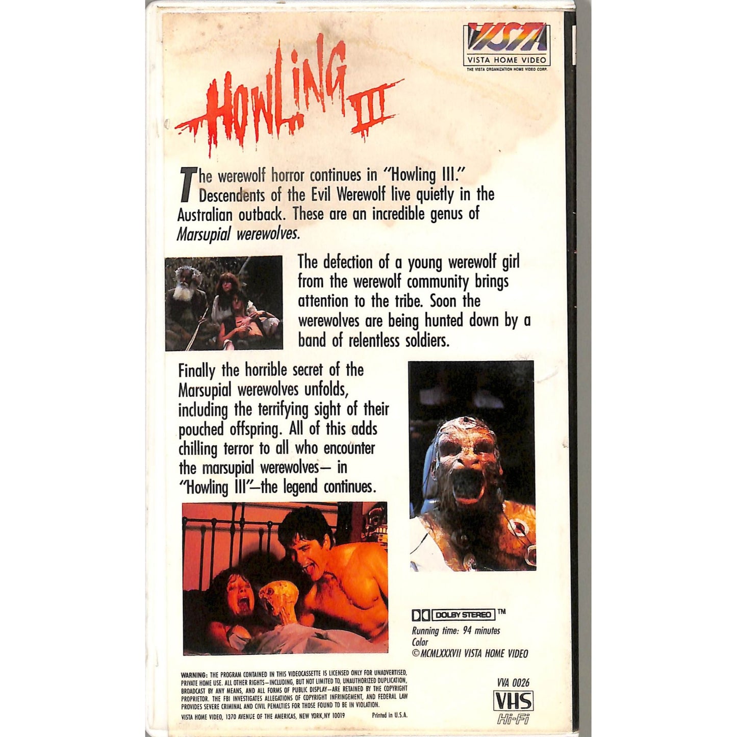 Howling 3 (1987) VHS tape Hardshell good condition.