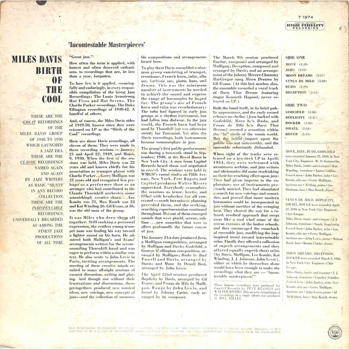 Miles Davis - Birth of the Cool (1963) Vinyl Record T 1974