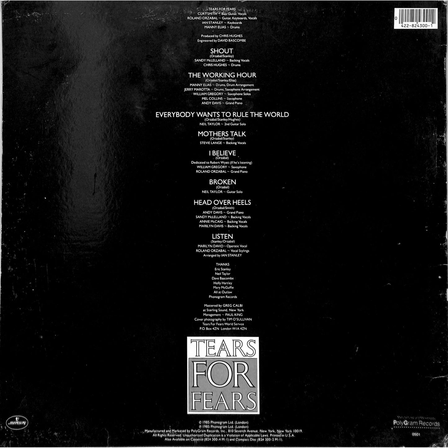 Tears for Fears - Songs from the Big Chair Vinyl Record 422-824 300-1 M-1