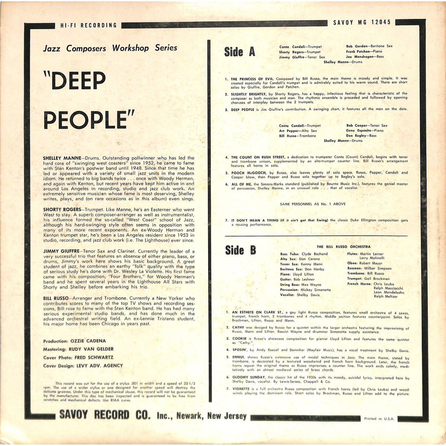 Shelly Manne, Bill Russo - Deep People (1968) Mono Vinyl Record MG 12045