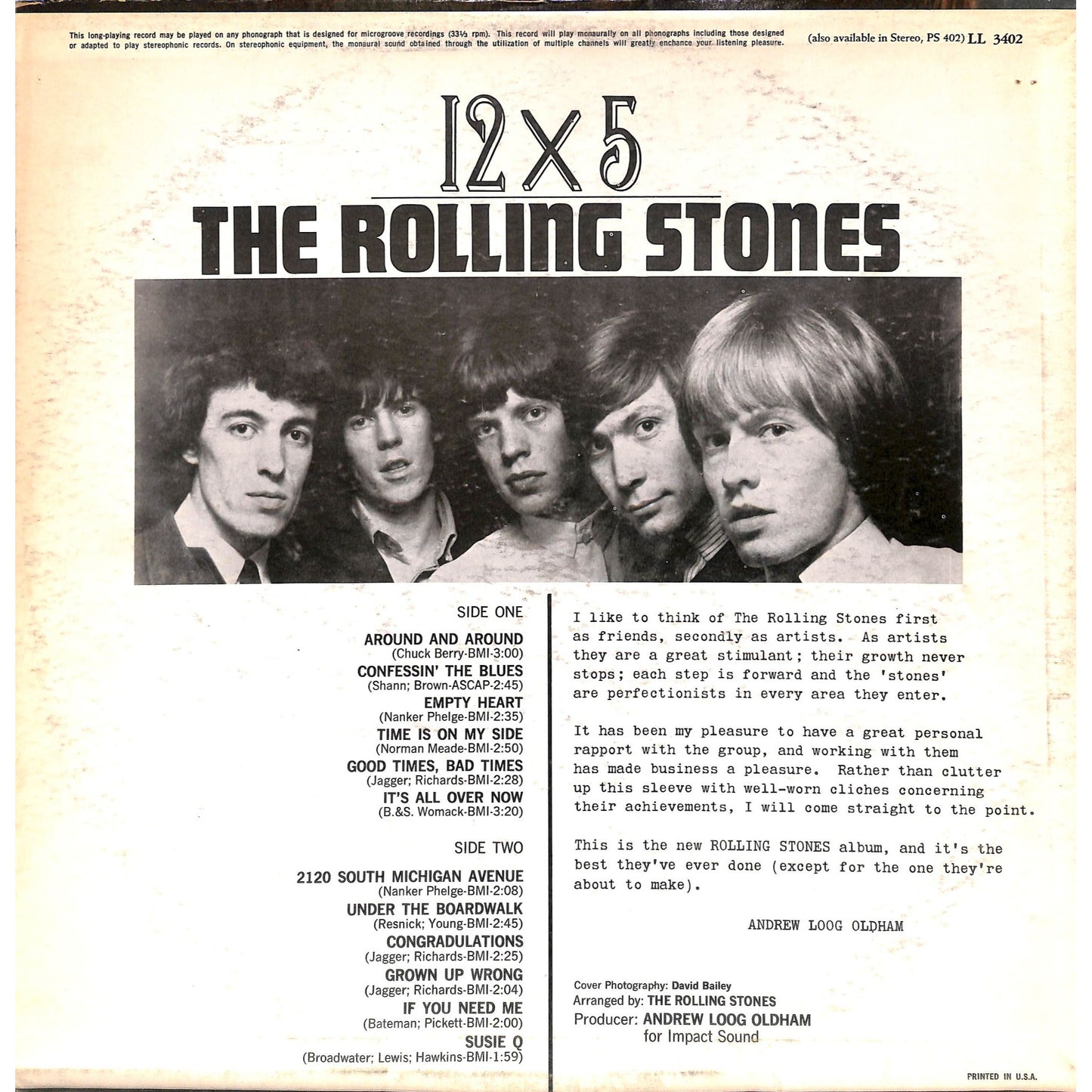 The Rolling Stones - 12 X 5 Mono Vinyl Record LL 3402