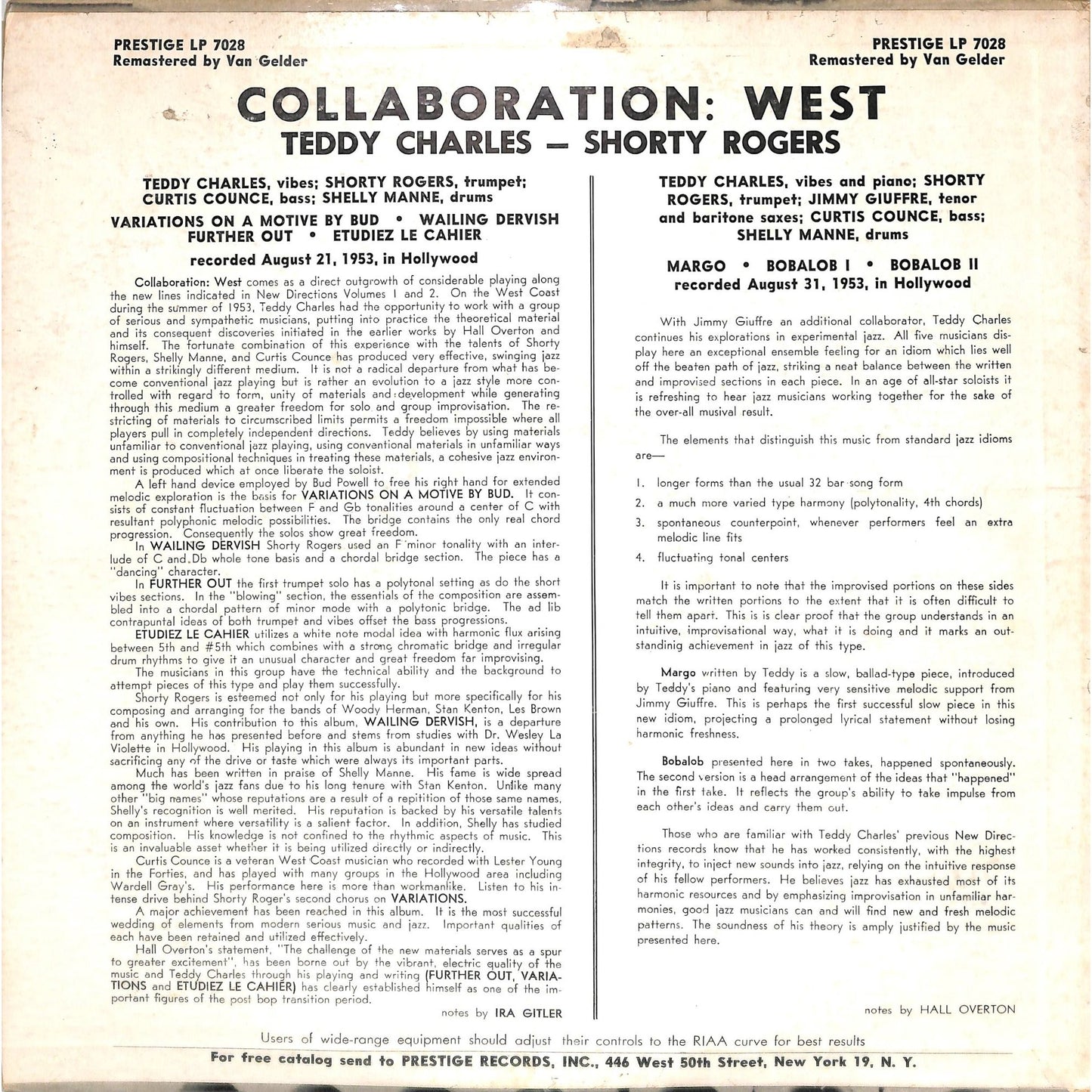 Teddy Charles - Collaboration West (1956) Vinyl Record PRLP 7028