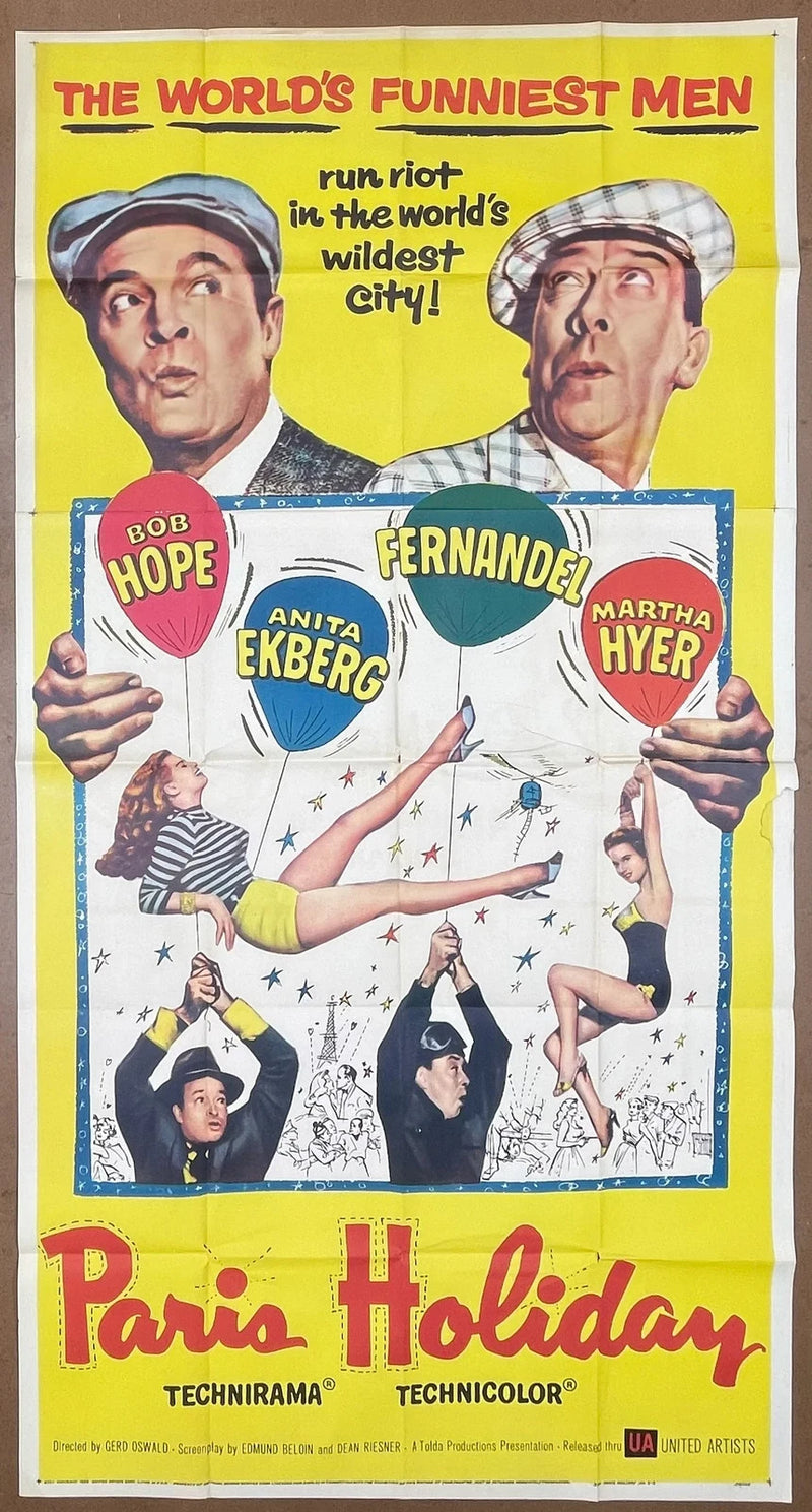 Paris Holiday (1958) Original Three Sheet Movie Poster Folded 41x78