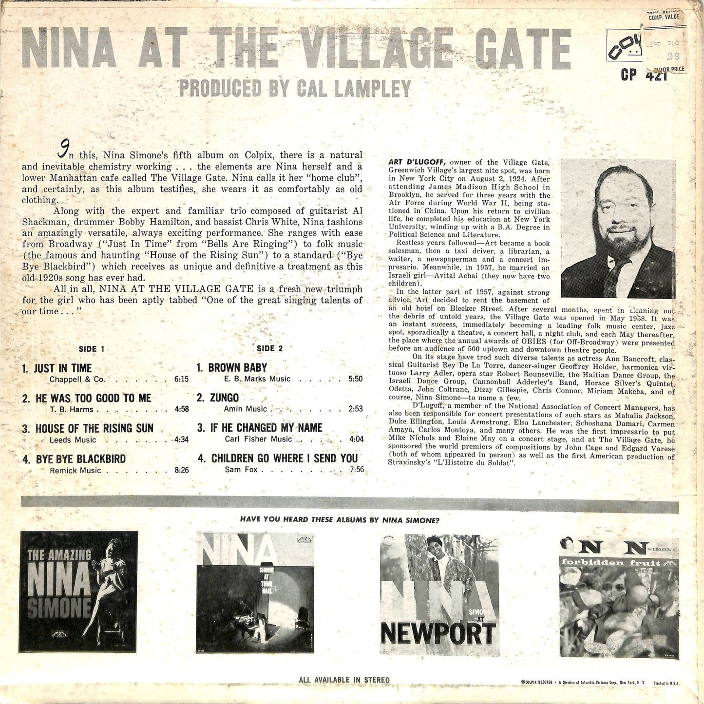 Nina Simone - At the Village Gate (1962 Pitman Repress) Vinyl Record CP 421