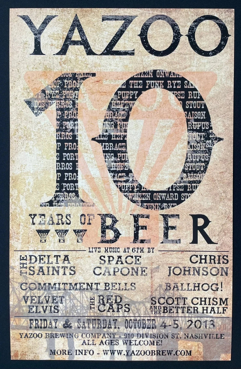 Yazoo Brewing Company 10 Years of Beer 2013 Event Poster 10.25x16.25