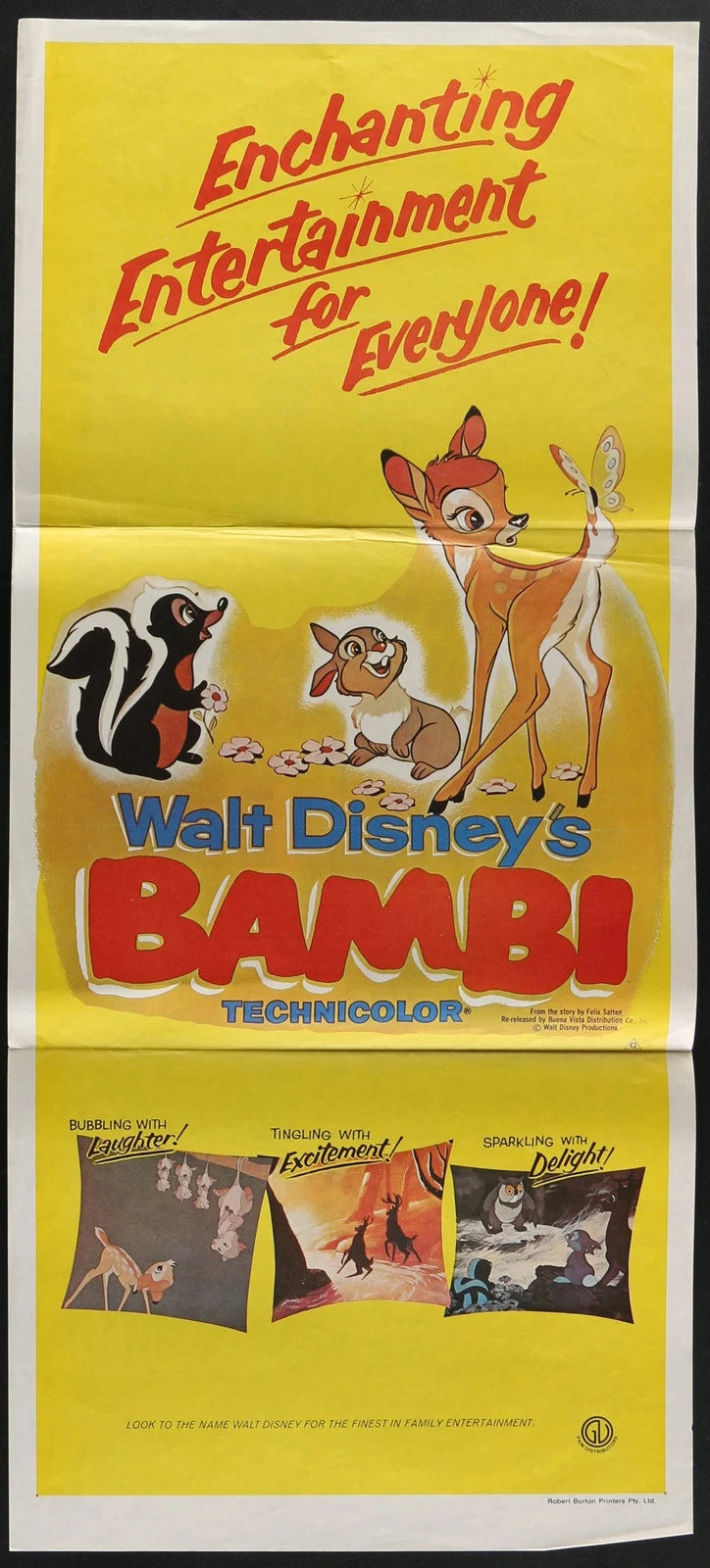 Bambi (1942) Australian Daybill Movie Poster Folded 14x30 Walt Disney Reissue