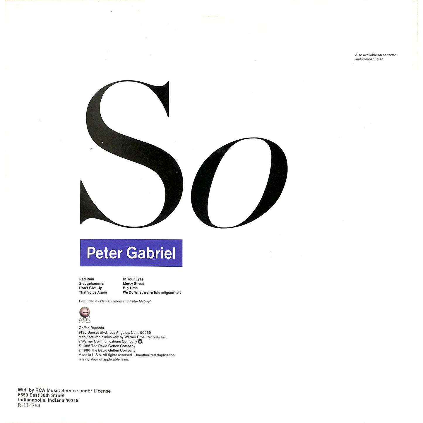 Peter Gabriel - So Vinyl Record GHS 24088