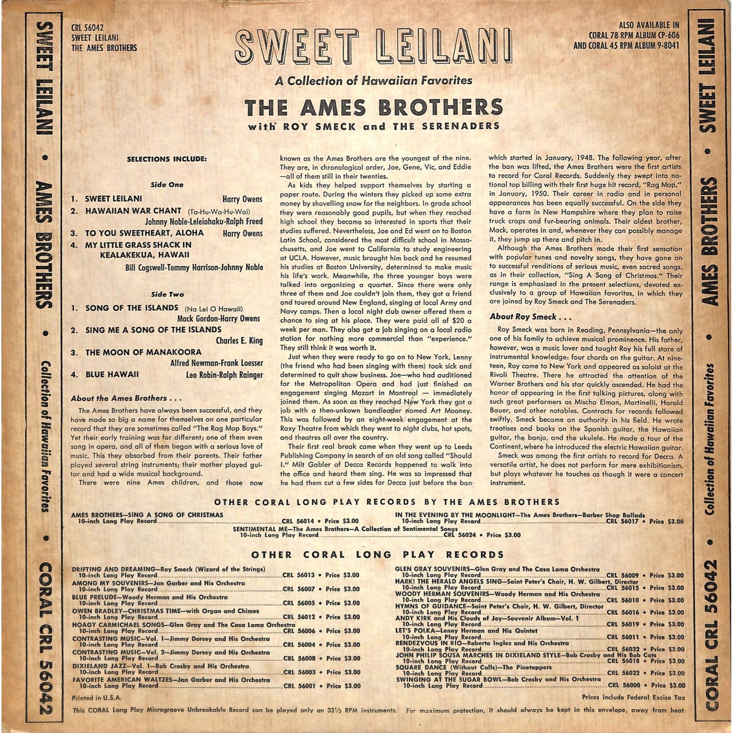 The Ames Brothers - Sweet Leilani (1951) 10" Vinyl Record CRL 56042