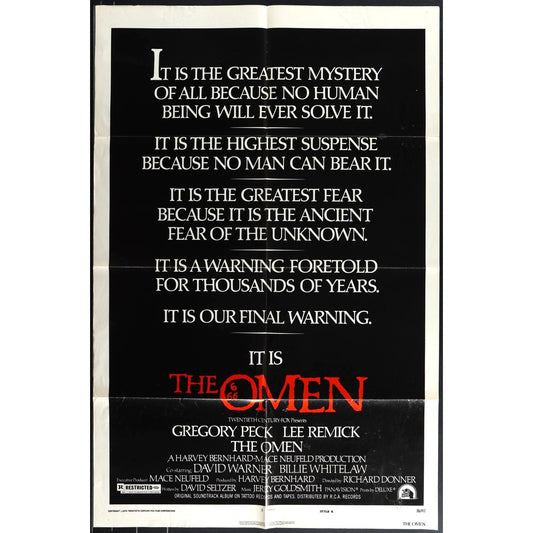 The Omen (1976) Original Movie Poster Folded 27x41 Gregory Peck EM4-149