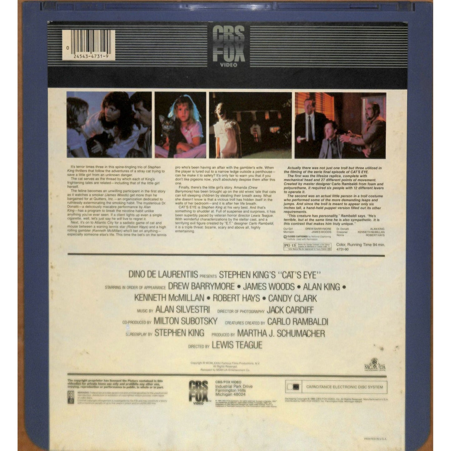 Cat's Eye (1985) Vintage CED RCA SelectaVision Videodisc TESTEDWORKING