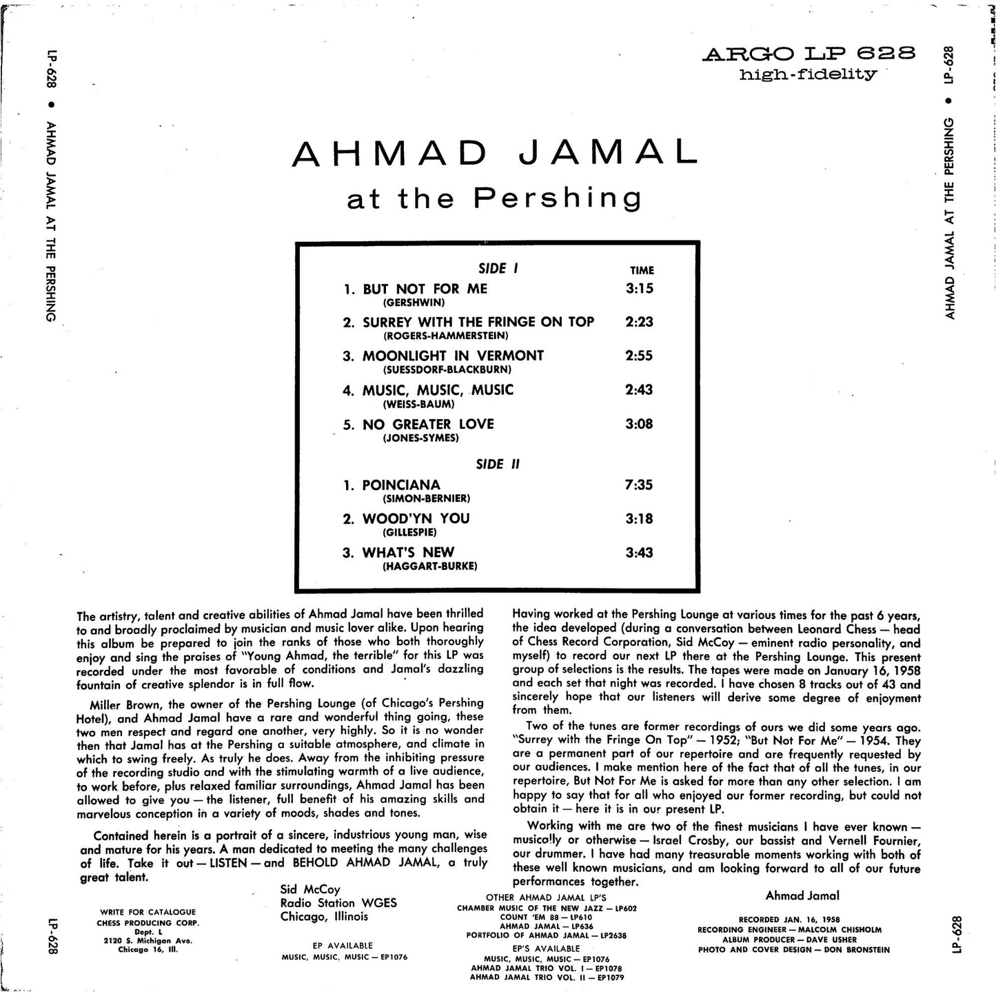 Ahmad Jamal at the Pershing (1964 Argo Grey Labels) Vinyl Record LP-628