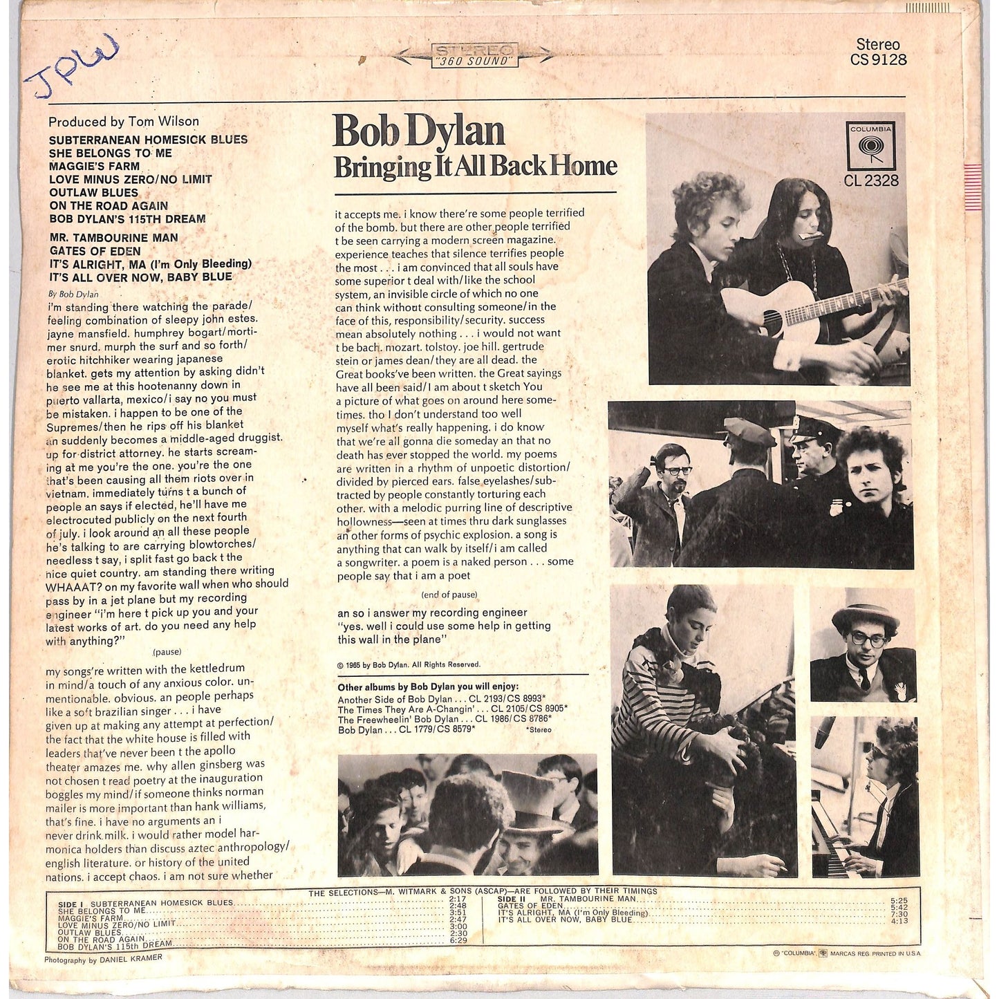 Bob Dylan - Bringing It All Back Home Vinyl Record CS 9128