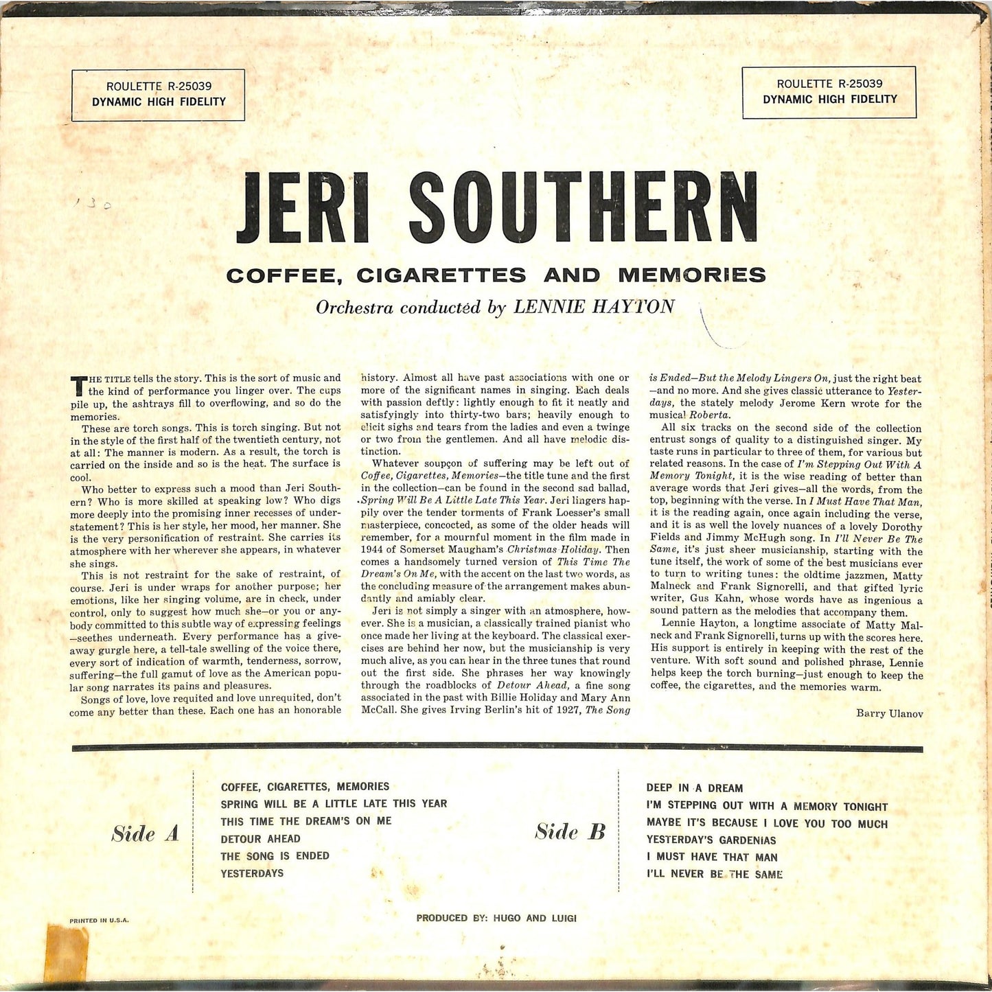 Jeri Southern - Coffee, Cigarettes & Memories (1958) Vinyl Record R-25039